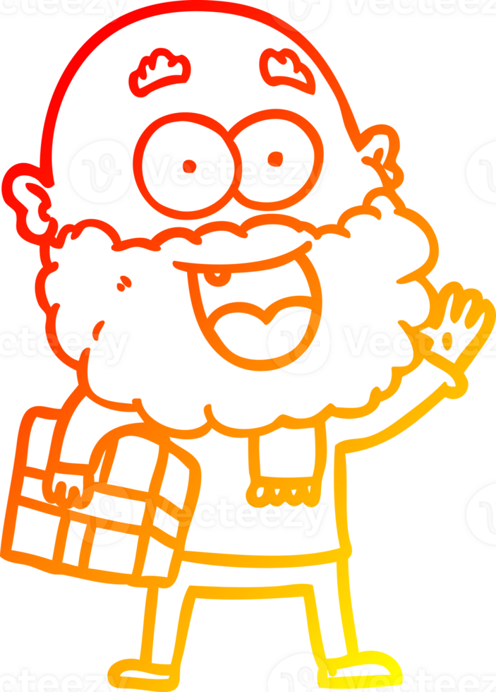 värma lutning linje teckning av en tecknad serie galen Lycklig man med skägg och gåva under ärm png
