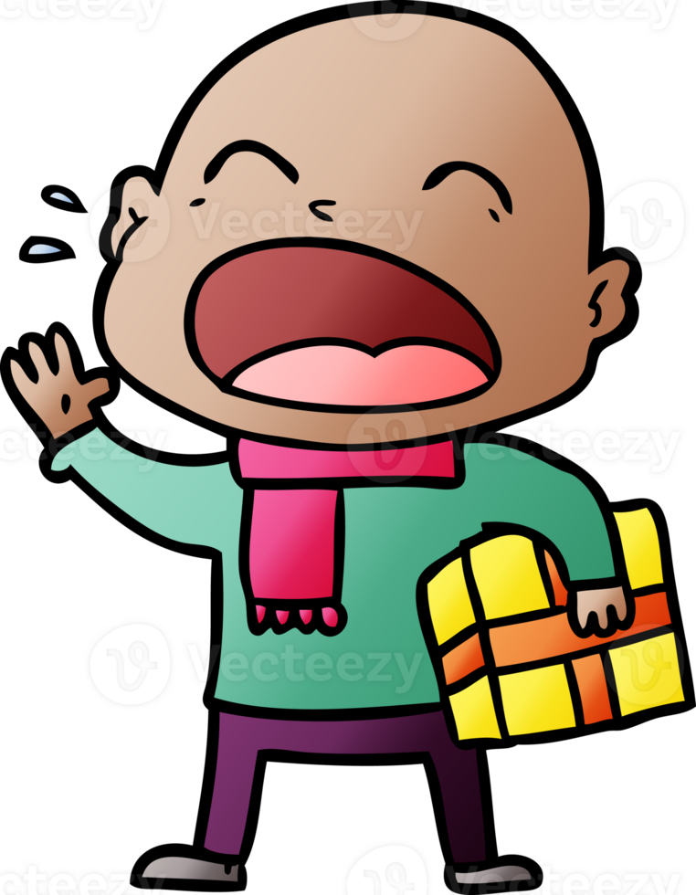 cartoon shouting bald man with present png