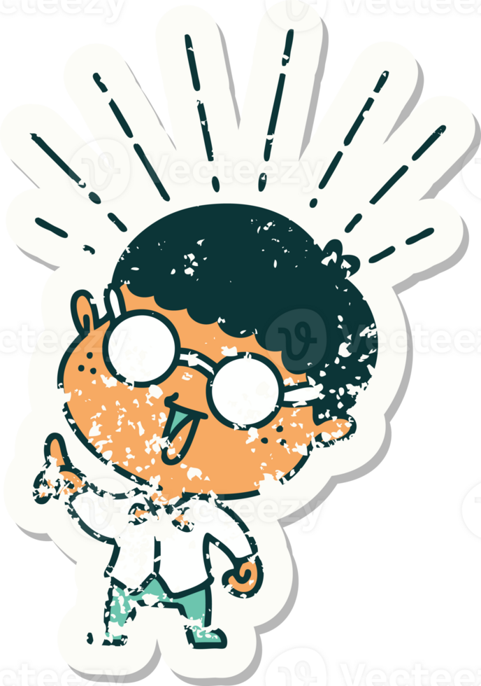 worn old sticker of a tattoo style man with genius idea png
