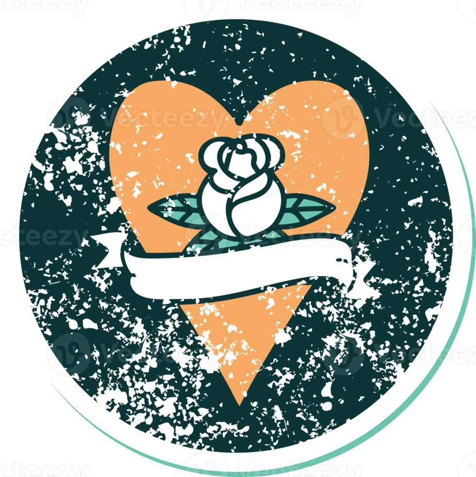 iconic distressed sticker tattoo style image of a heart rose and banner png