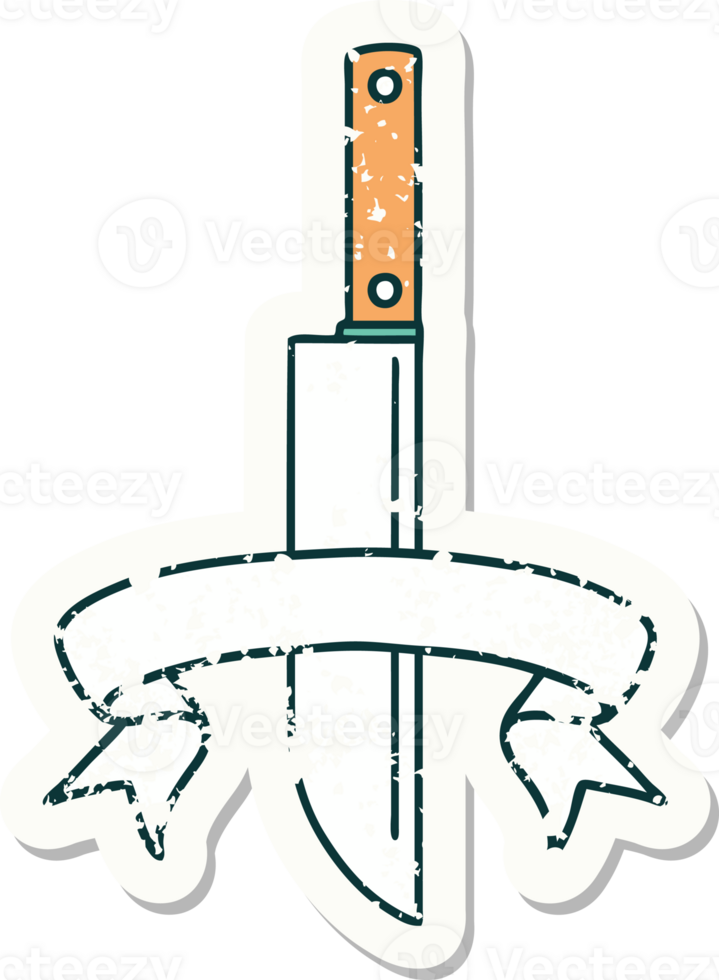 worn old sticker with banner of a knife png