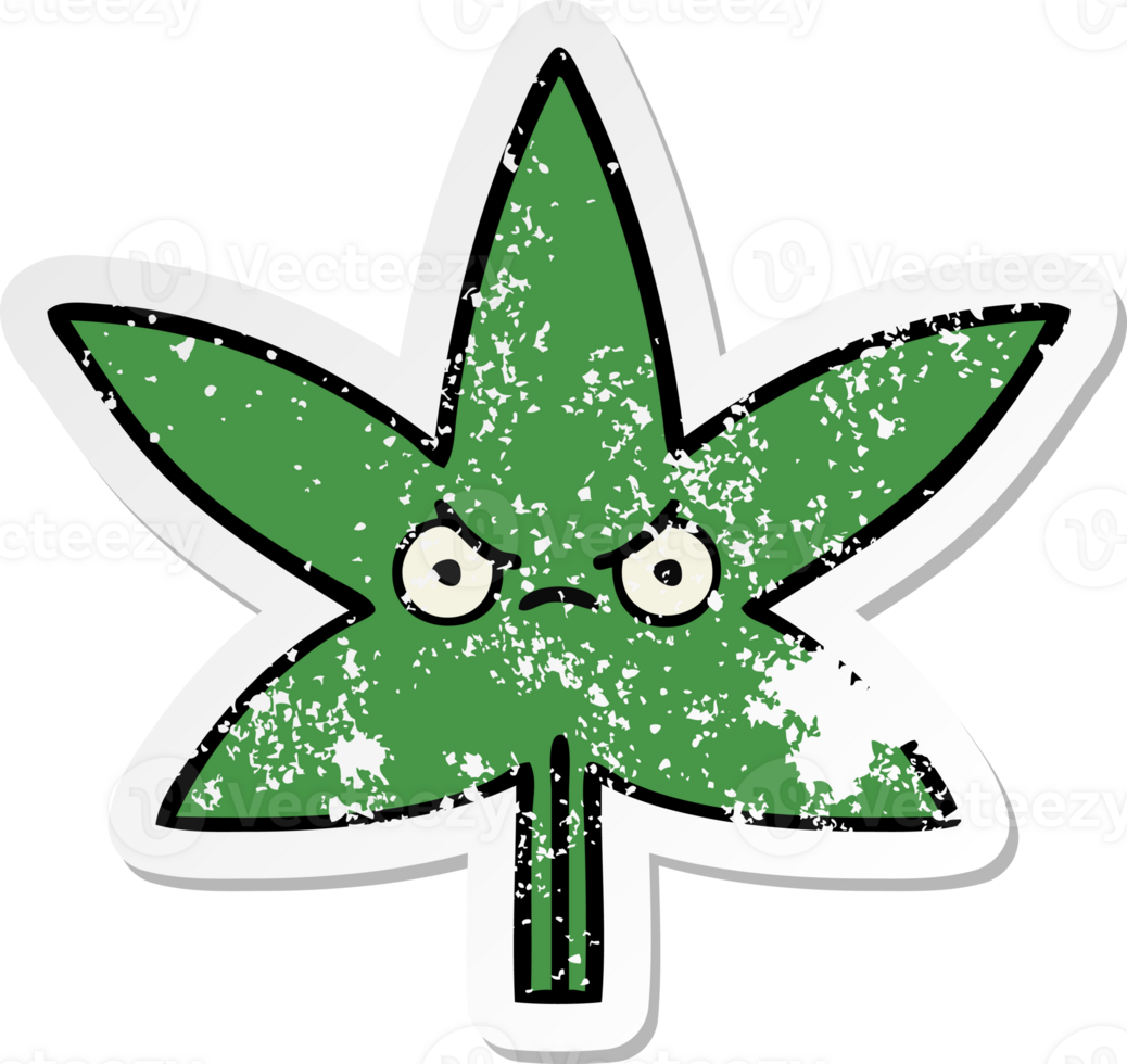 distressed sticker of a cute cartoon marijuana leaf png