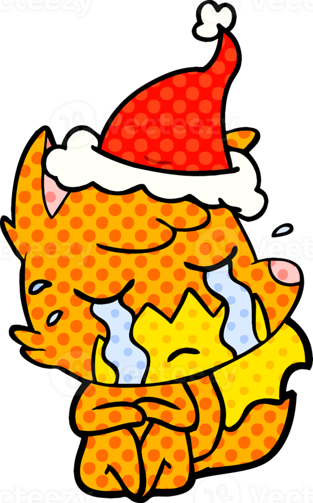 crying fox hand drawn comic book style illustration of a wearing santa hat png