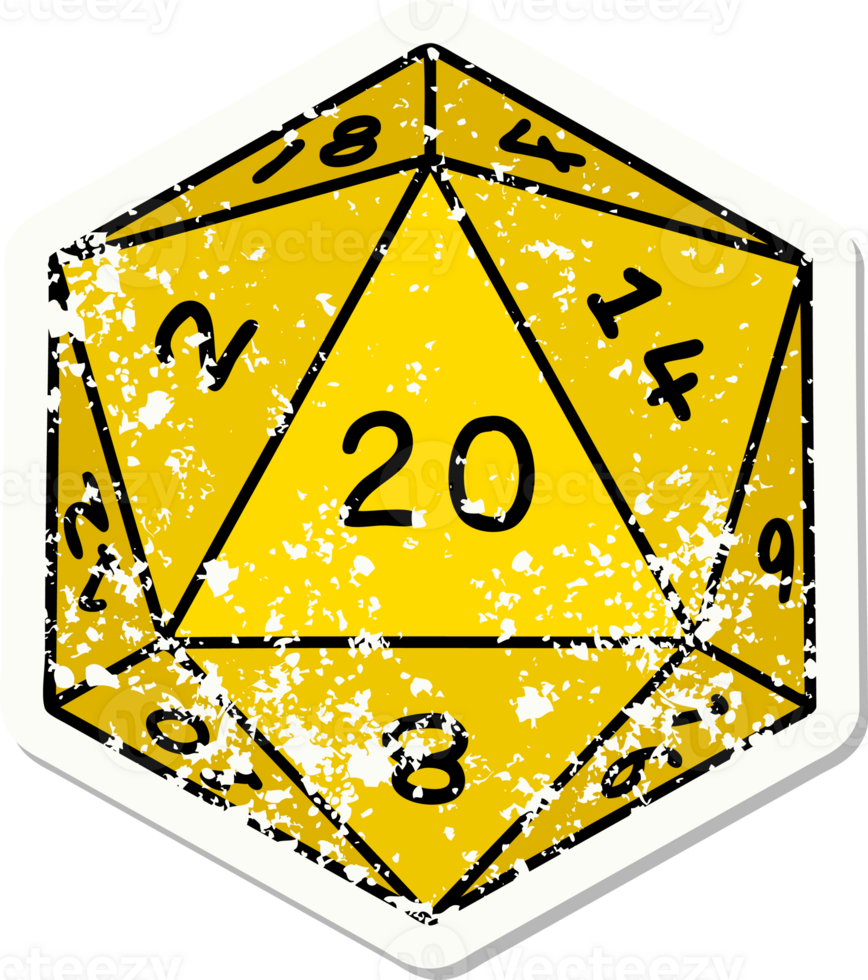 grunge sticker of a natural 20 D20 dice roll png