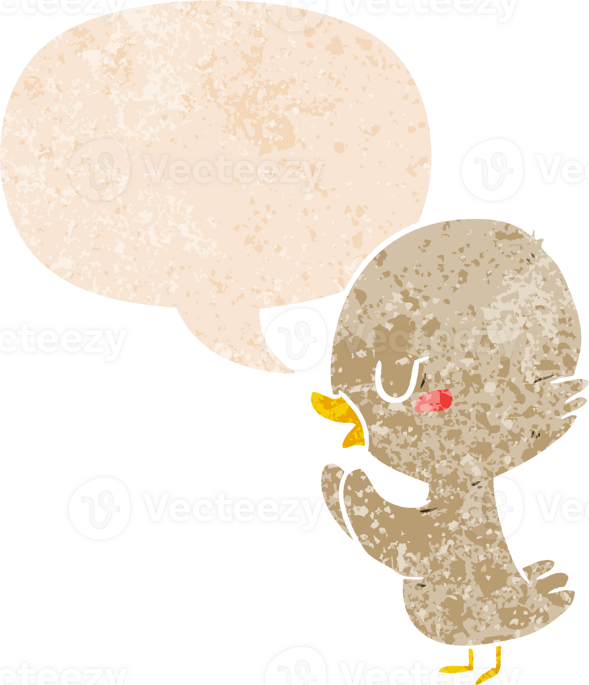 cartoon duckling with speech bubble in grunge distressed retro textured style png
