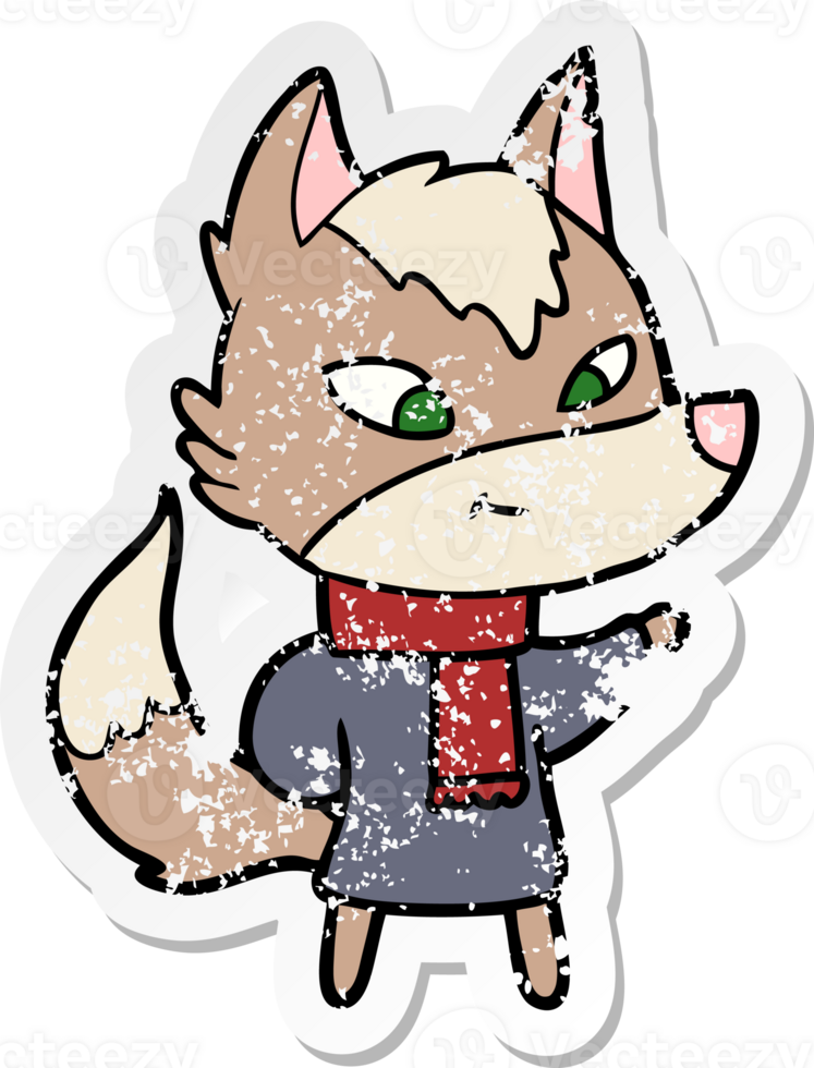 distressed sticker of a friendly cartoon wolf png
