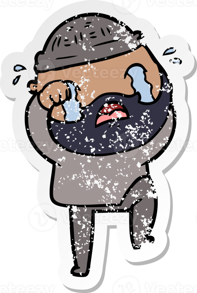 distressed sticker of a cartoon bearded man crying and stamping foot png