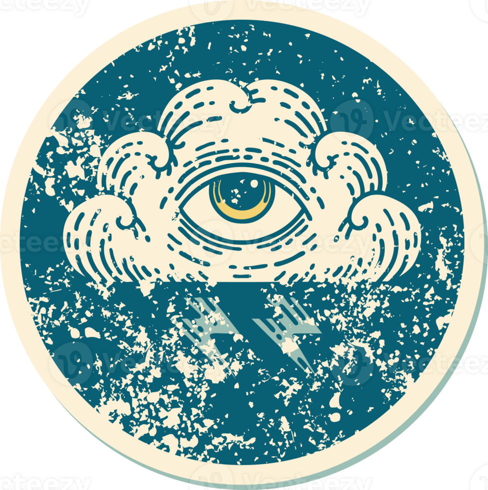 iconic distressed sticker tattoo style image of an all seeing eye cloud png