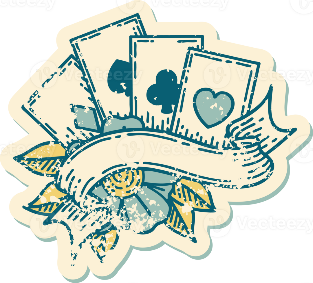 iconic distressed sticker tattoo style image of cards and banner png