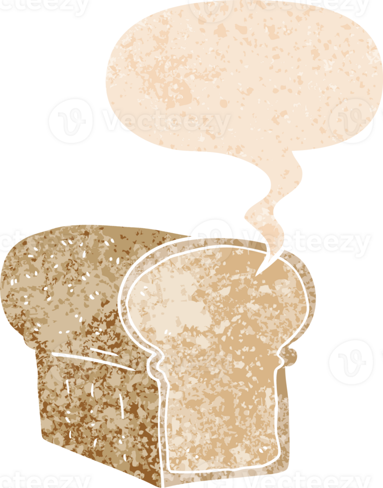 cartoon loaf of bread with speech bubble in grunge distressed retro textured style png
