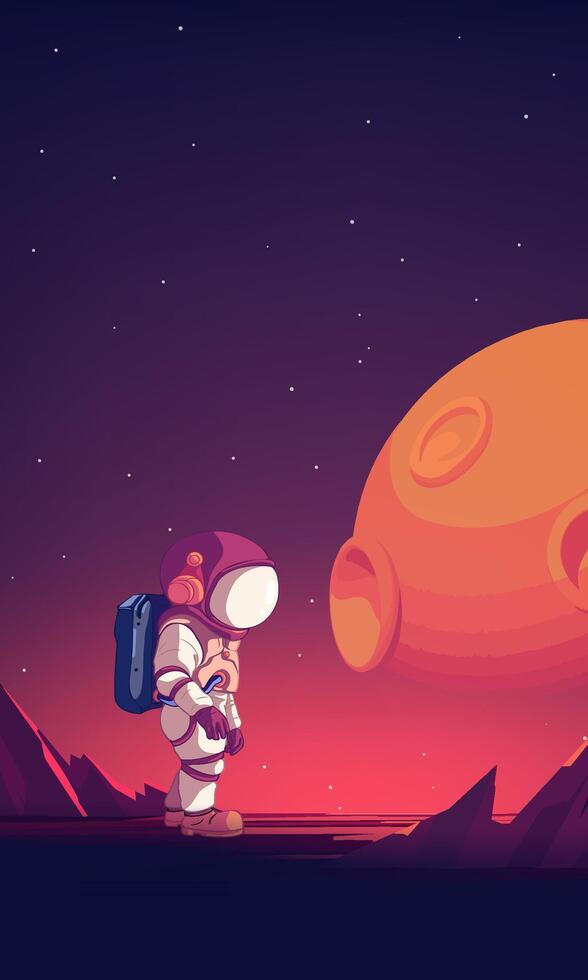 Vertical illustration of astronauts exploring space with stars and planets in the background vector