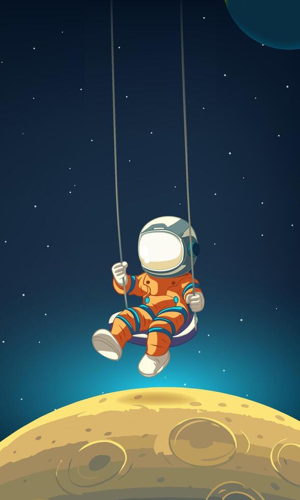 Vertical illustration of astronauts swinging in space with stars and planets in the background vector
