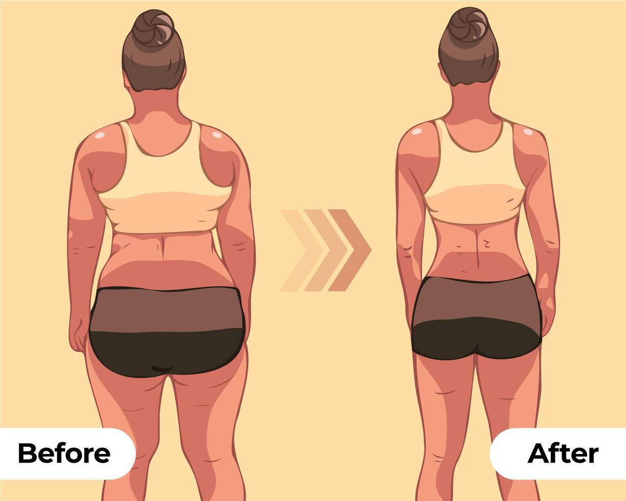 Women's body changes before and after fitness show vector illustrations