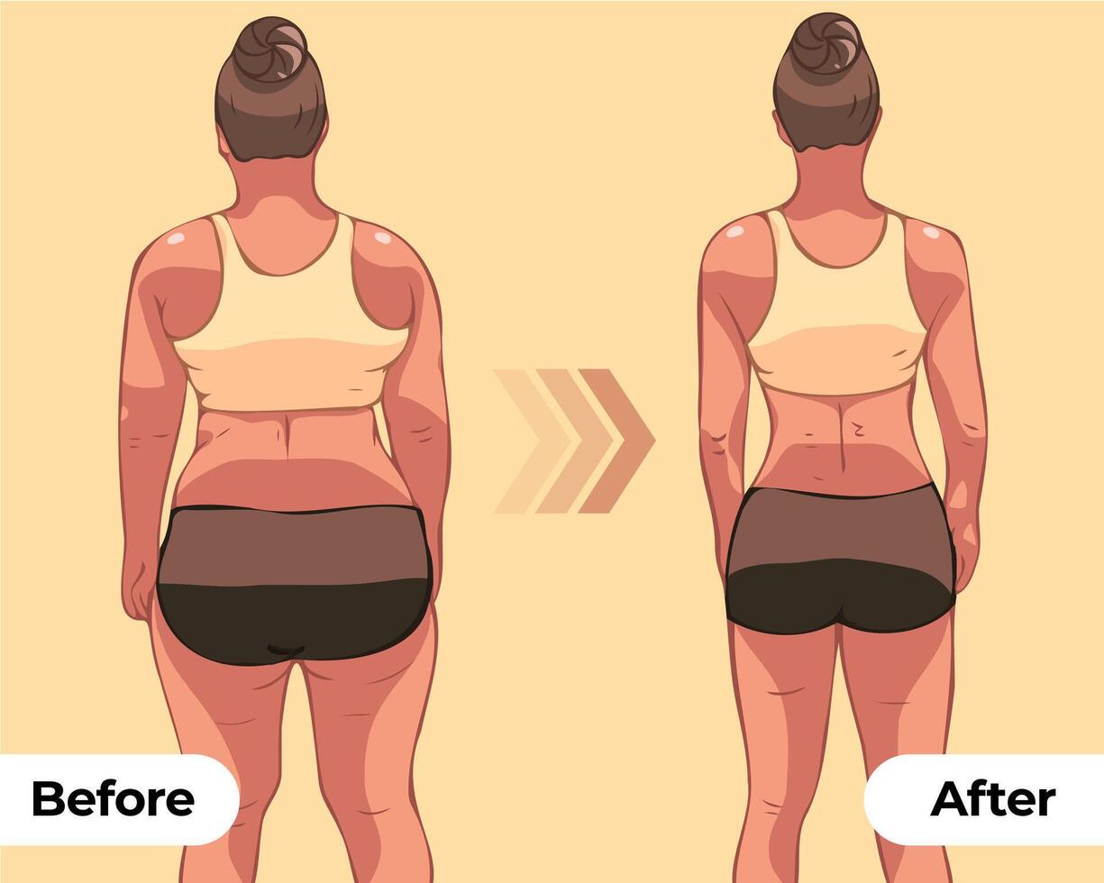 Women's body changes before and after fitness show vector illustrations