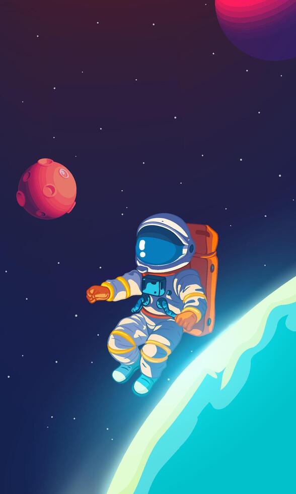 Vertical illustration of astronauts exploring space with stars and planets in the background vector