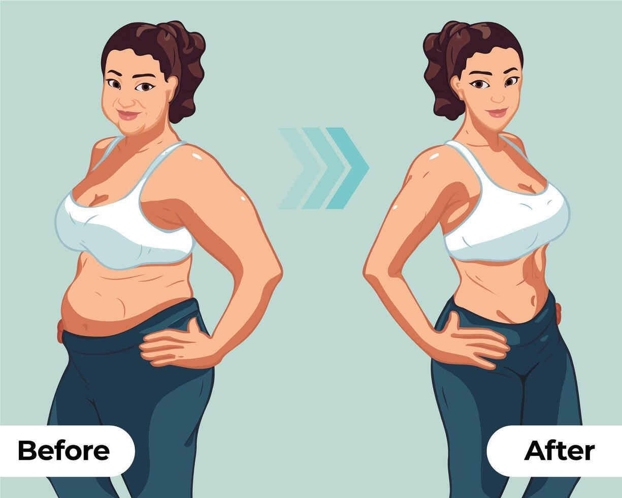 Women's body changes before and after fitness show vector illustrations