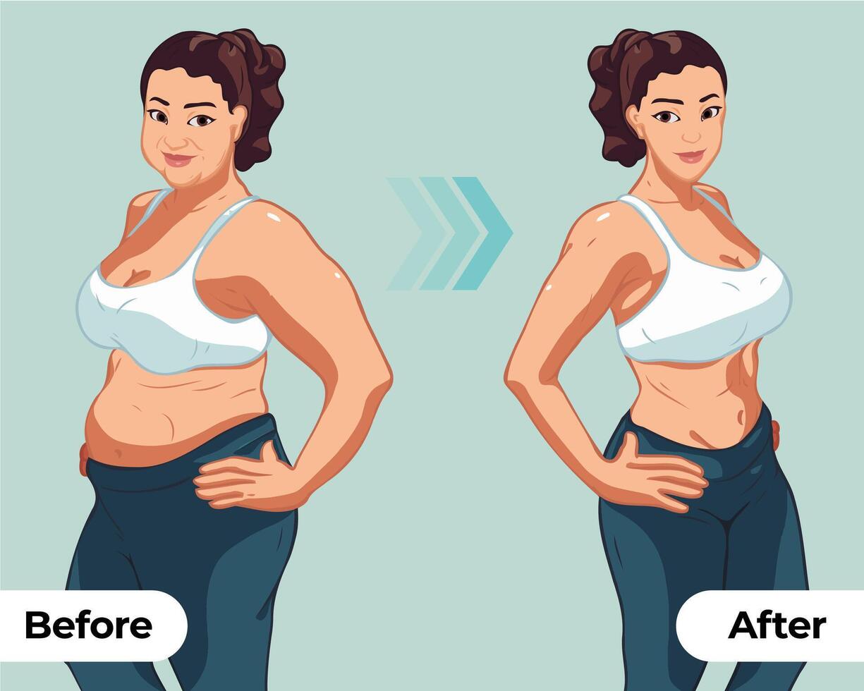 De las mujeres cuerpo cambios antes de y después aptitud espectáculo vector ilustraciones