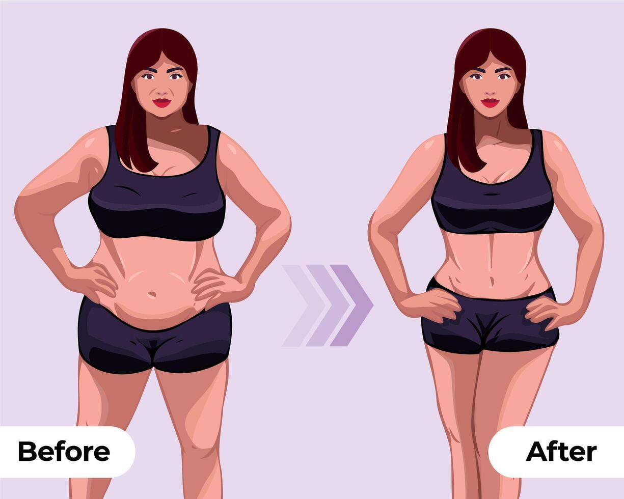 Women's body changes before and after fitness show vector illustrations