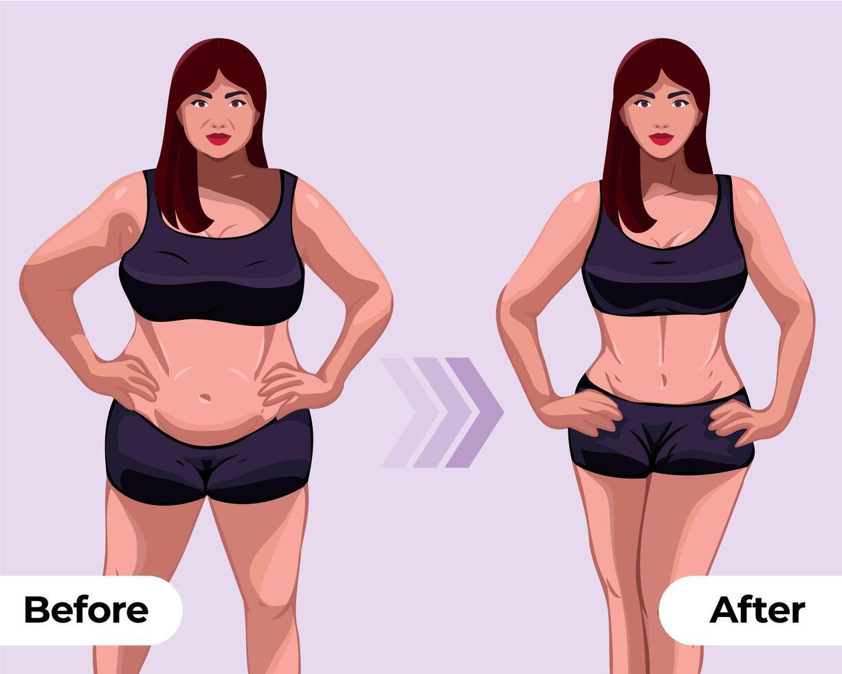 De las mujeres cuerpo cambios antes de y después aptitud espectáculo vector ilustraciones