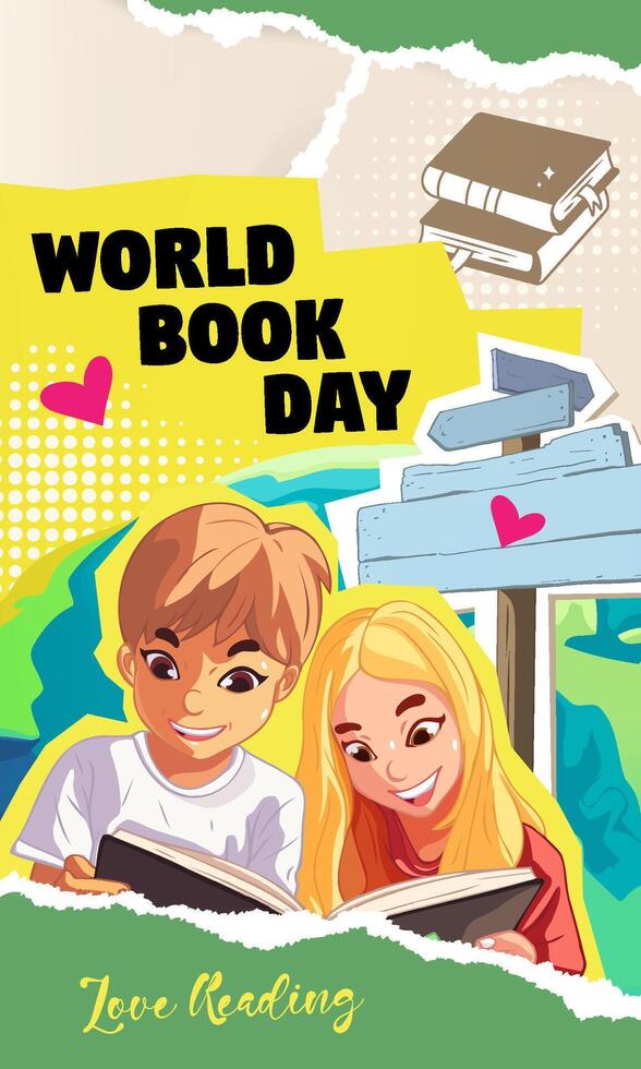 Vertical collage illustration of the World Book Day celebration vector