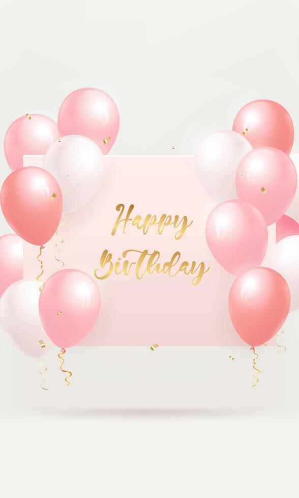 elegante contento cumpleaños fiesta celebracion tarjeta vertical modelo con rosado y blanco globos vector