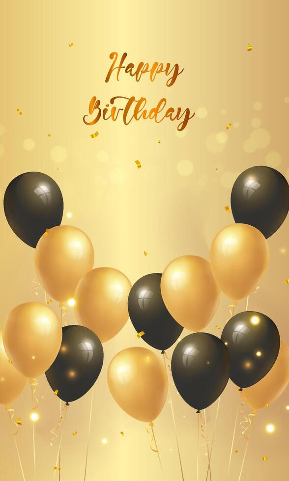 Elegant Happy Birthday party celebration card vertical template with gold and black balloons vector