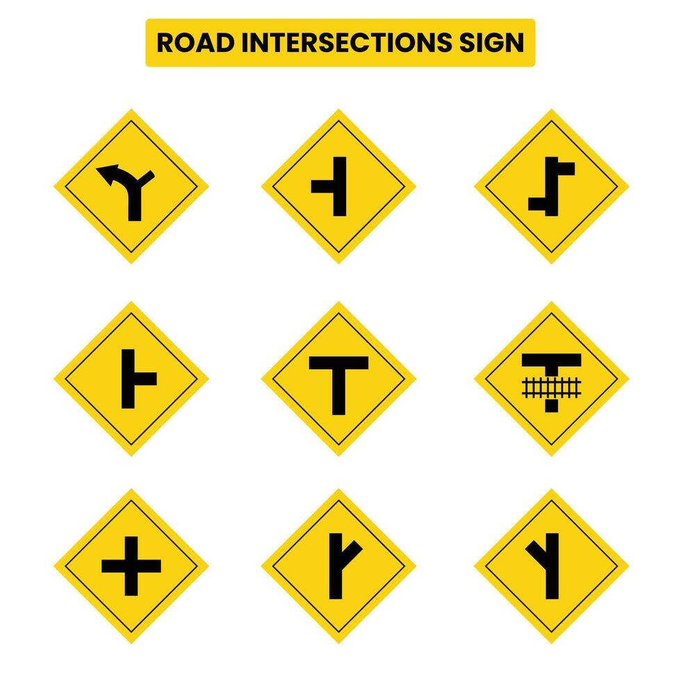 Road Intersections Sign, Traffic sign yellow black direction set vector