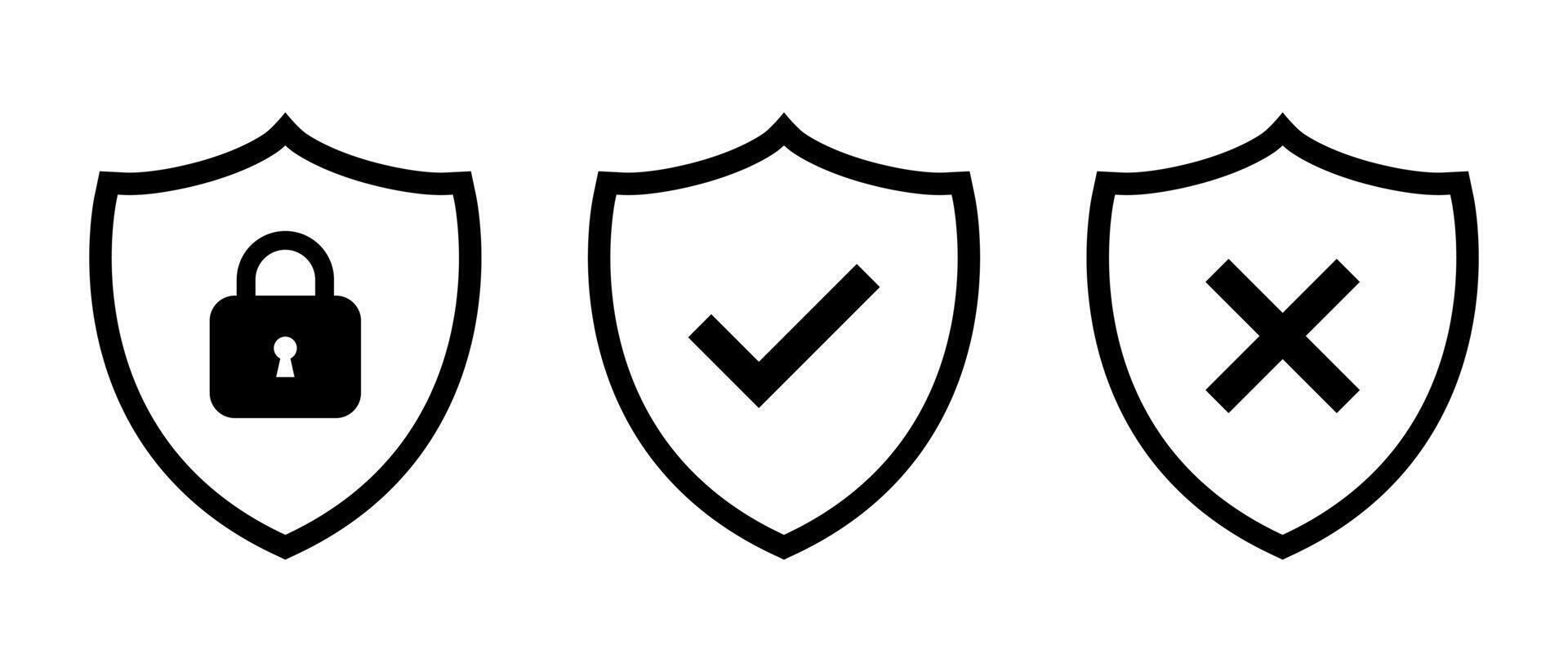 Security shield line icon vector. Shields with padlock, checkmark, and cross mark vector