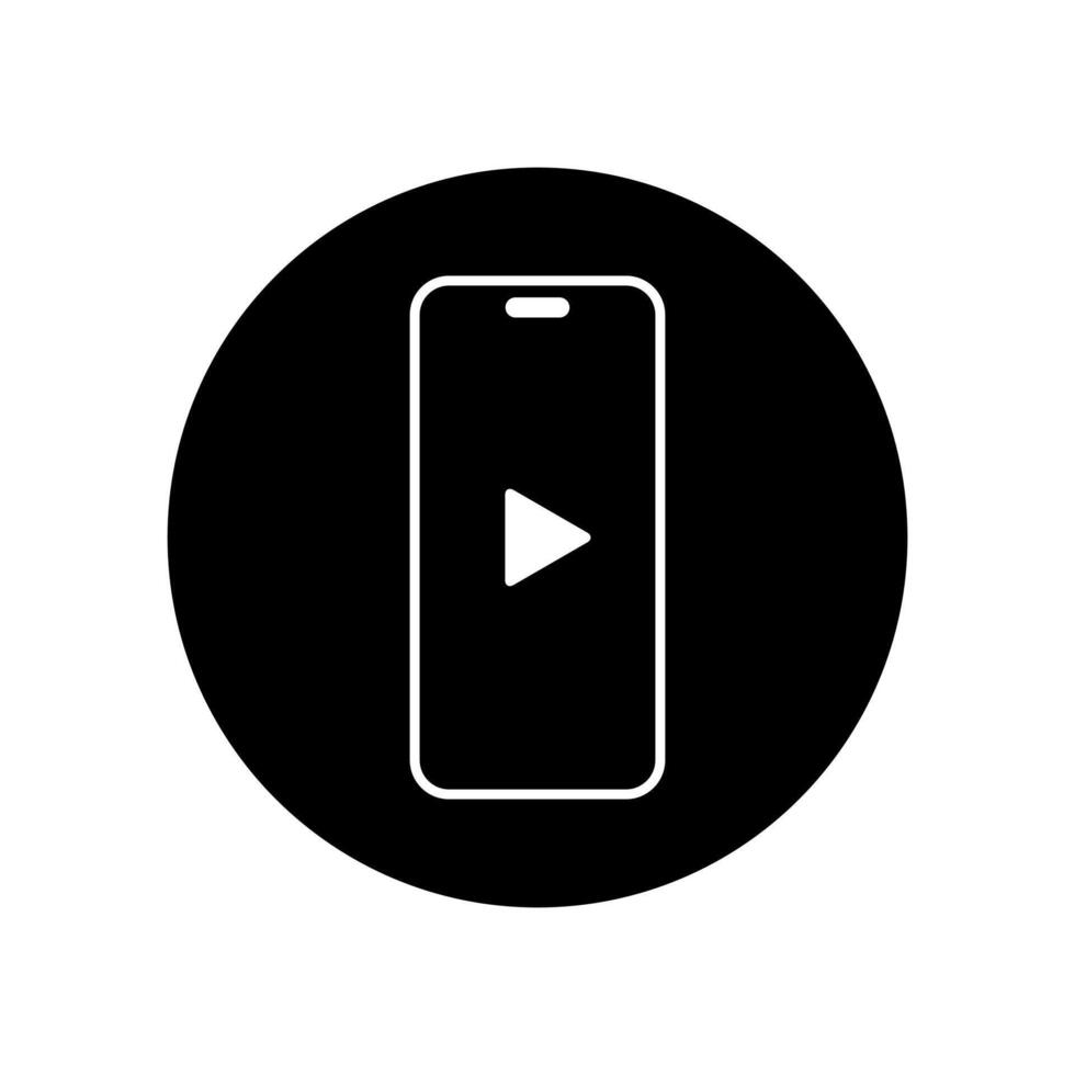 Play button on smartphone screen icon vector. Cellphone on black circle vector