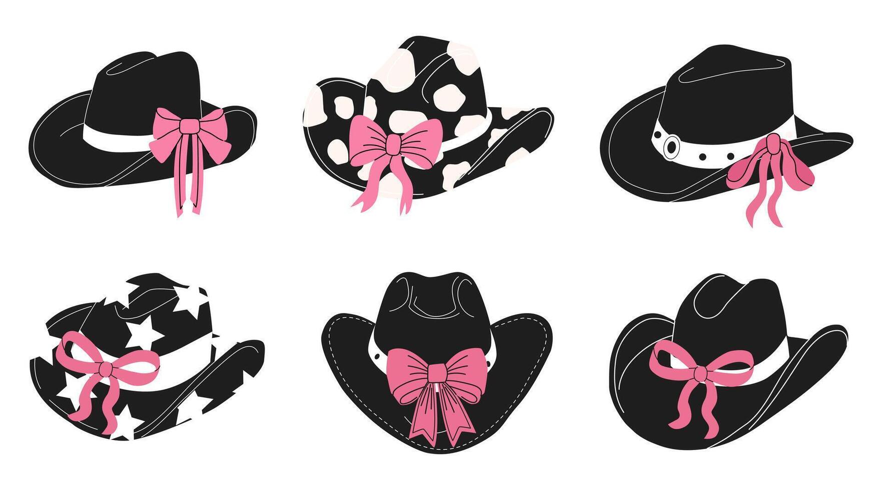 Hand drawn female cowboy hats with bows. Black and white cowgirl hats flat vector illustration. Collection of retro elements. Cowboy Western and Wild West theme. Women accessories