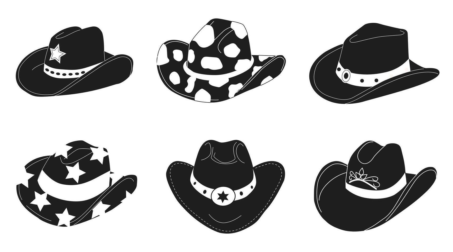 mano dibujado negro y blanco vaquero sombreros. conjunto de vaquero sombrero plano vector ilustración. colección de retro elementos. vaquero occidental y salvaje Oeste tema.