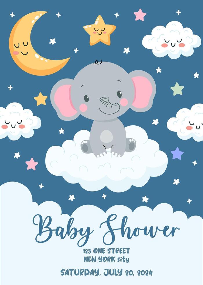 Baby shower invitation with cute elephant and clouds. Design template invitation card for baby new born celebration. Baby shower poster banner template with baby animal character in cartoon style. vector
