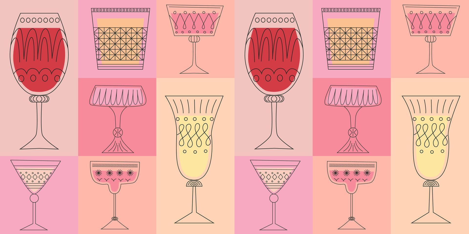 Geometric seamless pattern with alcoholic cocktails in glasses of different shapes vector