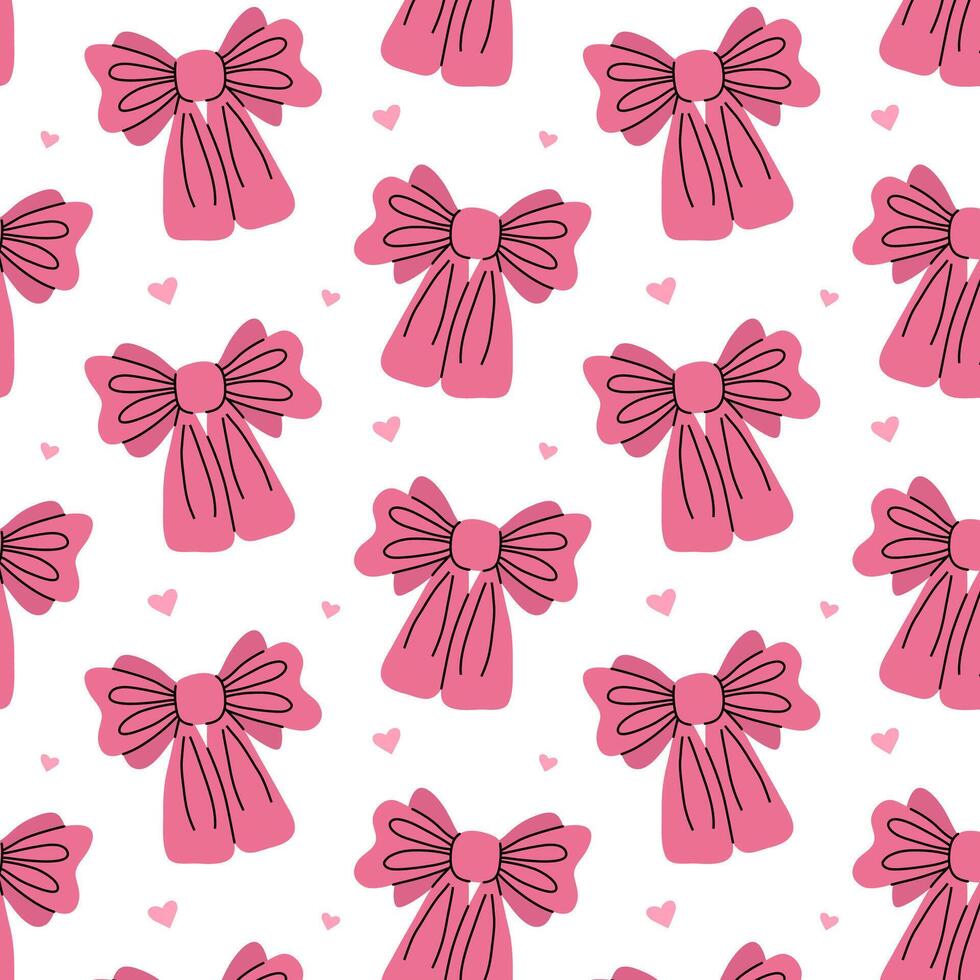 sin costura modelo con rosado arcos y corazones. regalo cintas en mano dibujado y plano estilos. de moda vector ilustración. pelo femenino accesorio. arcos para regalo envase. coqueta núcleo linda diseño.