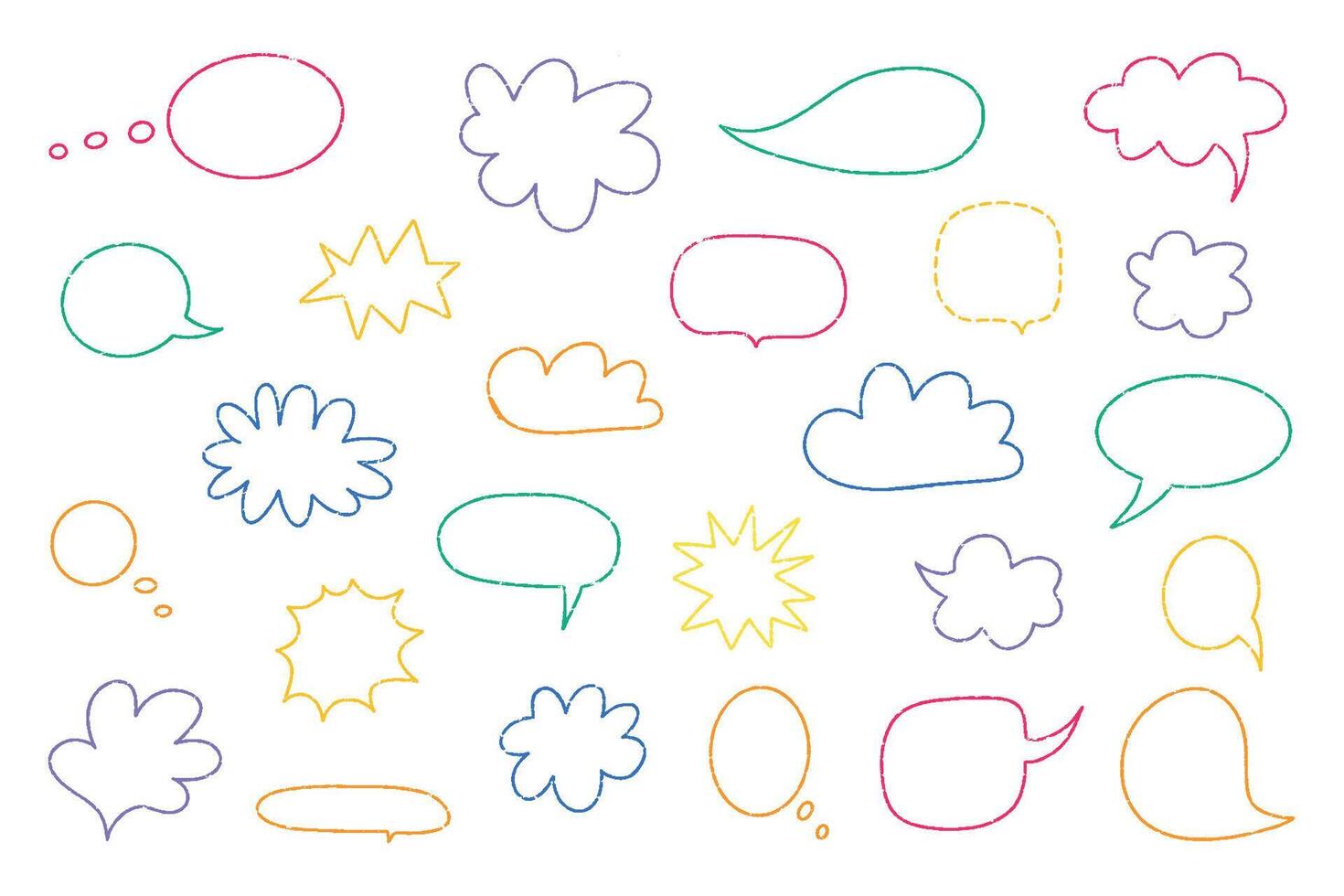 Hand drawn crayon colorful speech bubbles. Vector doodle illustration set.