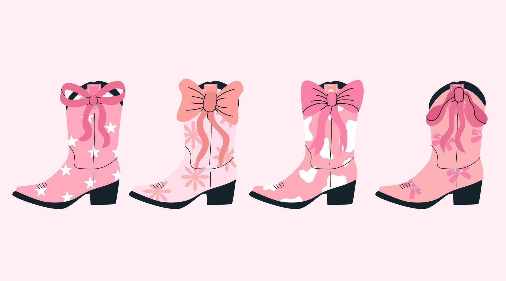 Set of pink trendy cowboy boots. Coquette cowgirl boot with bow. Girly western in flat vector illustration. Collection of retro elements. Cowboy Western and Wild West theme.