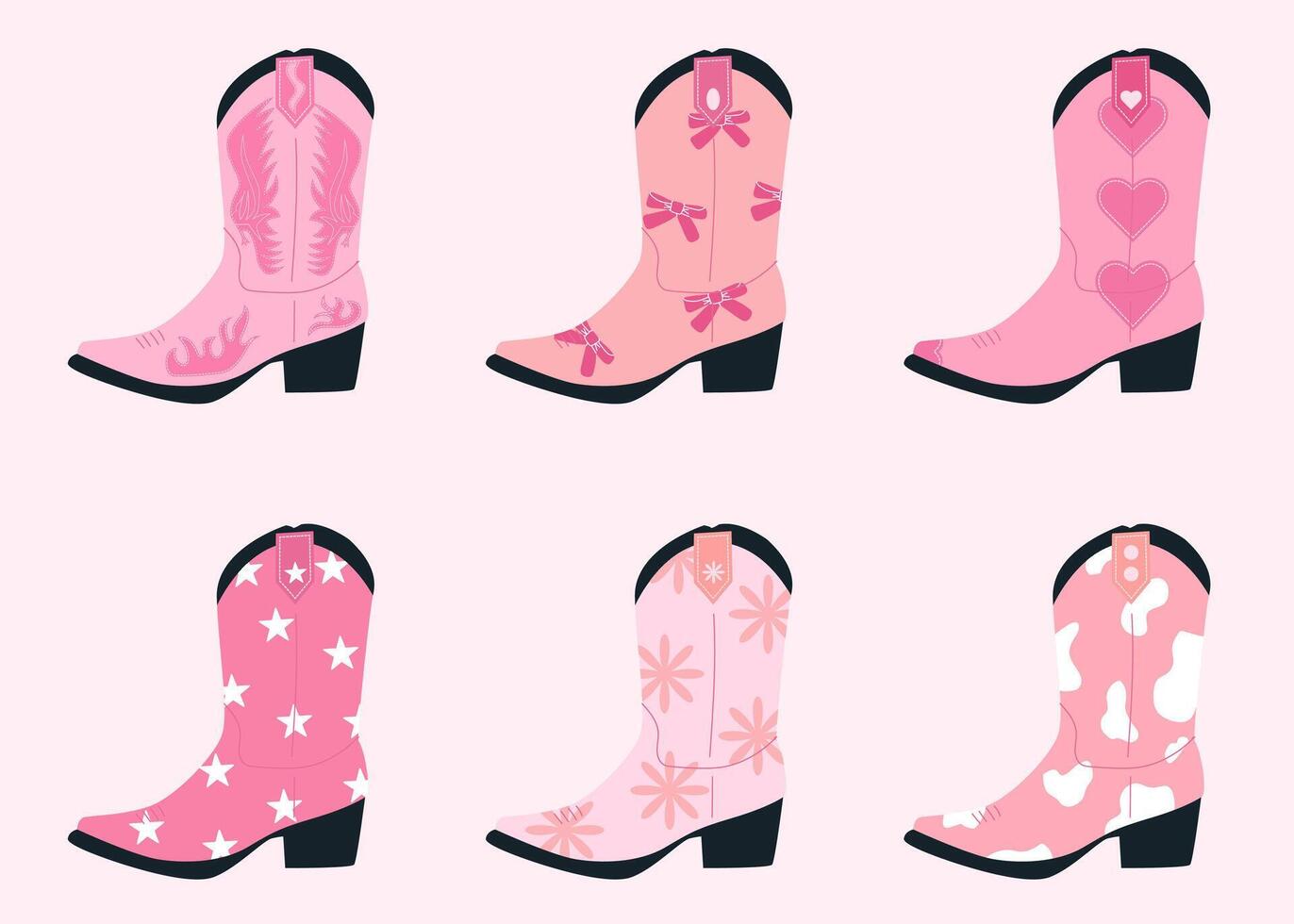 Set of pink cowgirl boots with different ornaments. Wild West fashion style. Collection of retro elements. Women cowboy accessories. Vector flat vector illustration.