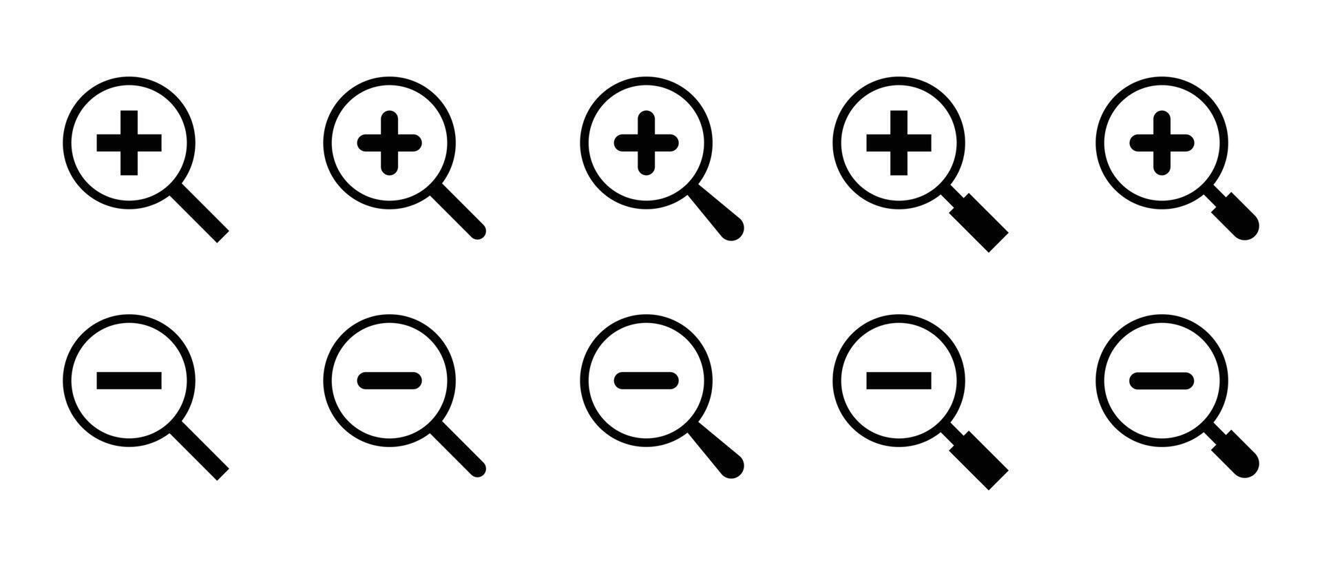 Set of zoom icon vector. Magnifying glass with plus and minus sign symbol vector