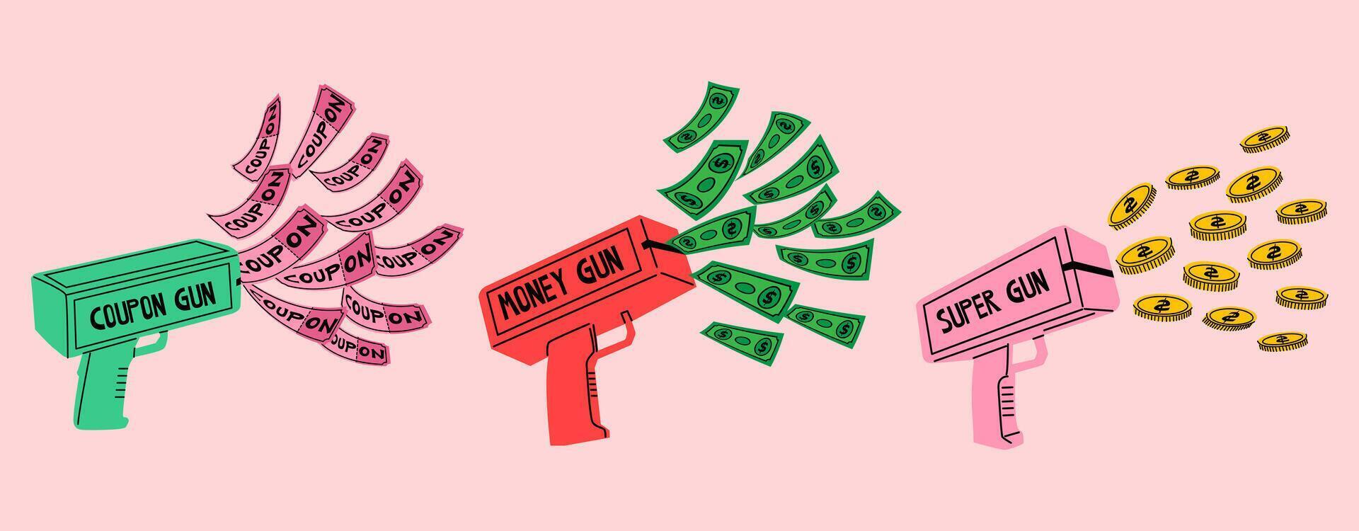 Money machine. Toy guns fire cash, paper coins or discount coupons. Machine for making coupon guns. Trendy flat vector illustration. Cash, coupon, gold coin, point, dollar.