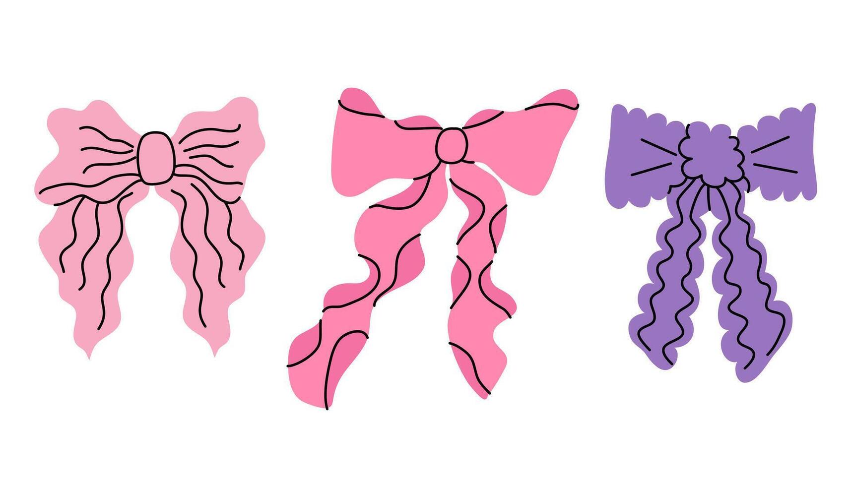 Set of various wavy bows, gift ribbons. Bowknots in hand-drawn and flat styles. Fashionable vector illustration. Hair accessory. Bows for gift wrapping