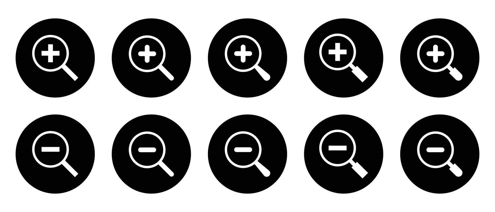 Set of zoom icon vector on black circle. Magnifying glass with plus and minus sign symbol