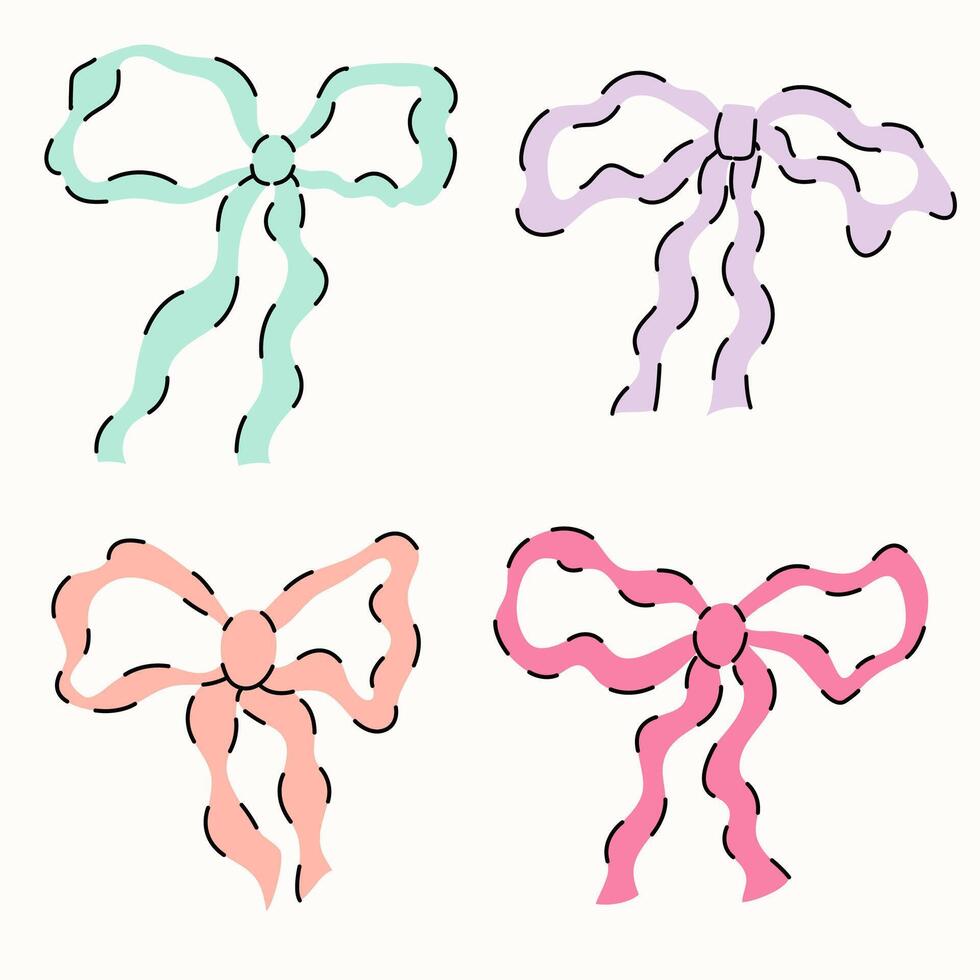 Set of various wavy bows, gift ribbons. Bowknots in hand-drawn and flat styles. Fashionable vector illustration. Hair accessory. Bows for gift wrapping