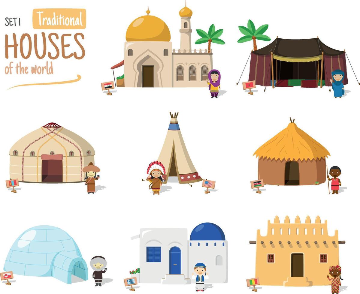 Vector illustration Set 1 of Traditional Houses of the World in cartoon style isolated on white background