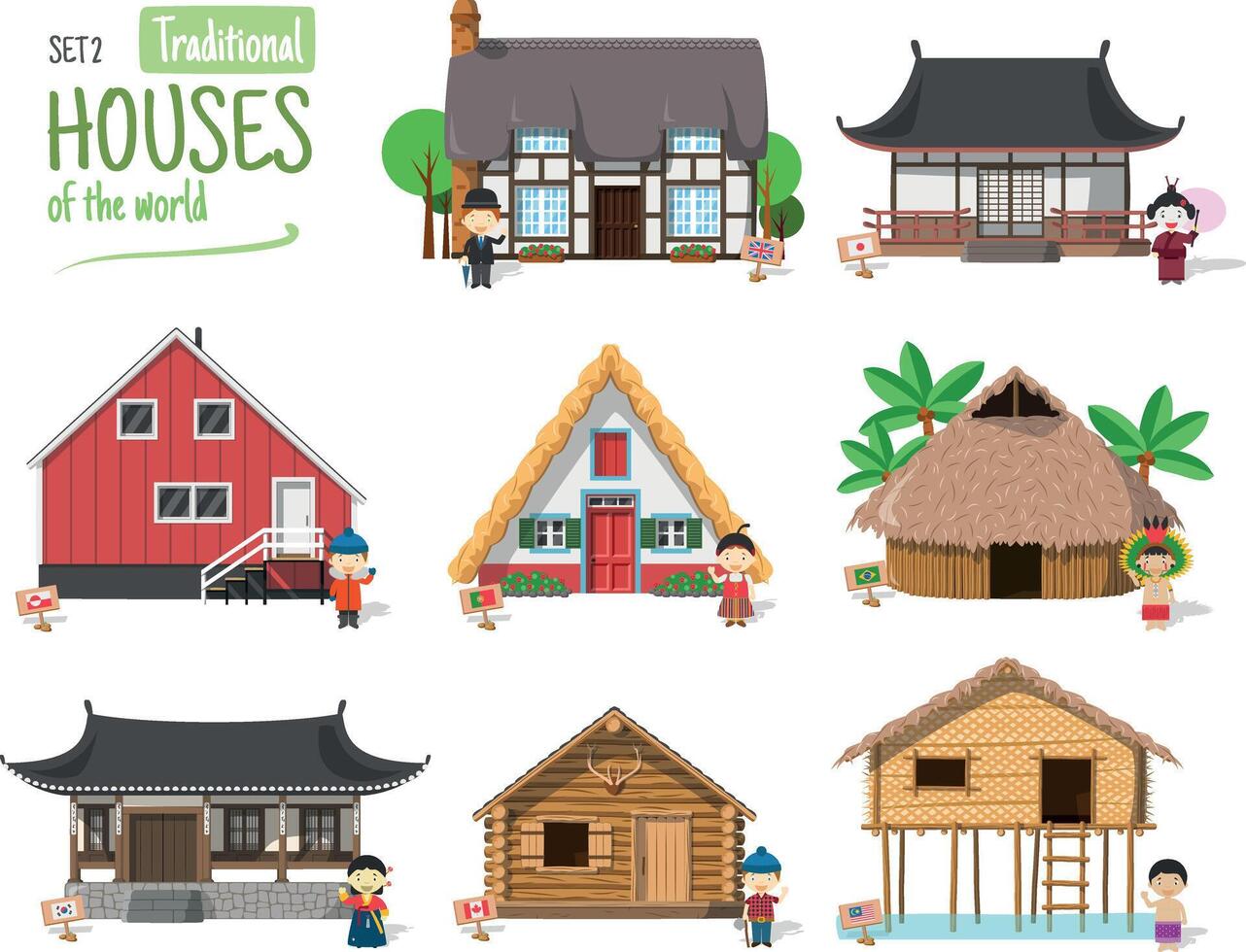 vector ilustración conjunto 2 de tradicional casas de el mundo en dibujos animados estilo aislado en blanco antecedentes