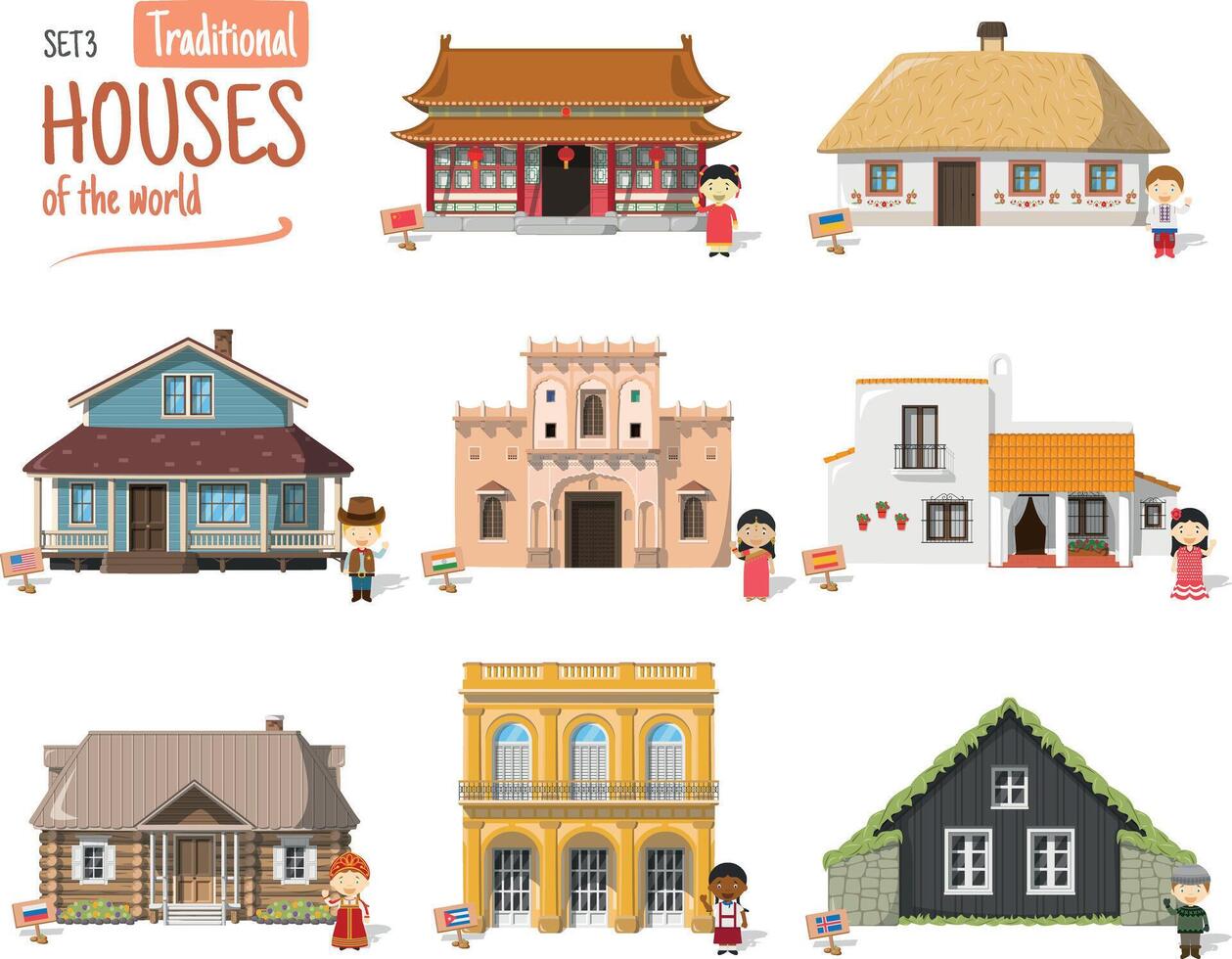 Vector illustration Set 3 of Traditional Houses of the World in cartoon style isolated on white background