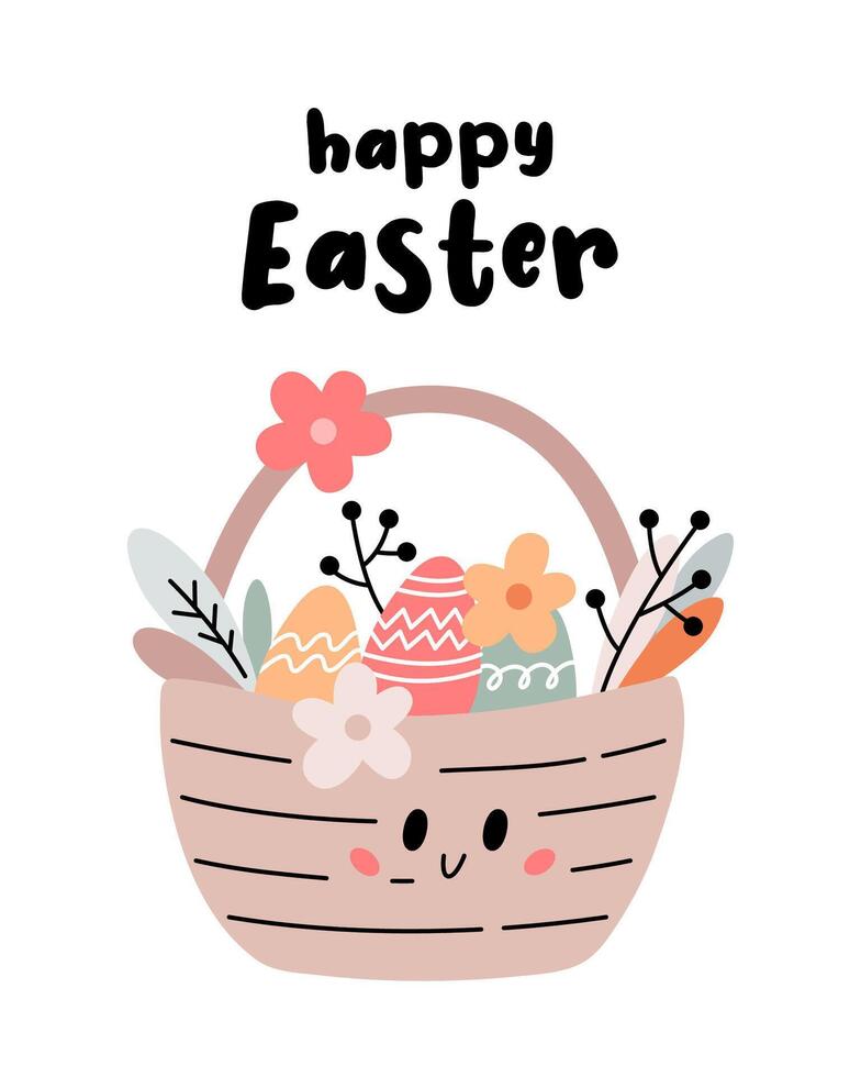 Greeting card with cute basket with eggs and flowers. Easter illustration with festive animals in boho style. Happy Easter. Vector cartoon illustration for print.