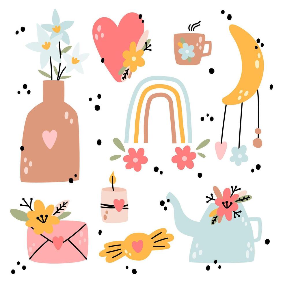 Collection with cute vase, letter, moon, heart, rainbow, watering can for nursery decoration. Doodle. Perfect for baby shower, birthday, children's party, clothing prints, greeting cards. vector