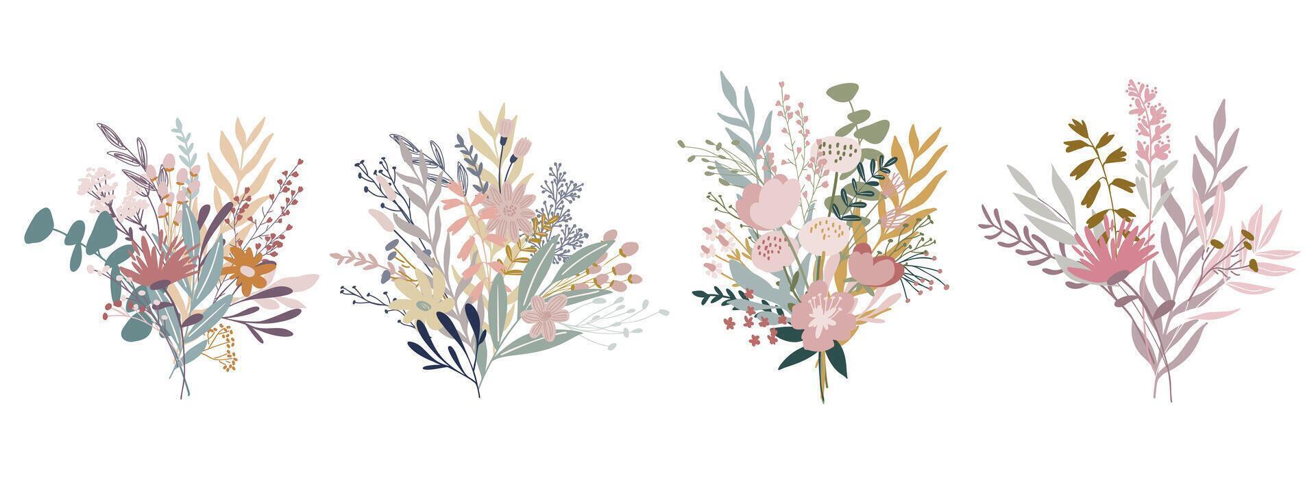 Various Floral Bouquets Arranged Side by Side, pastel colors vector