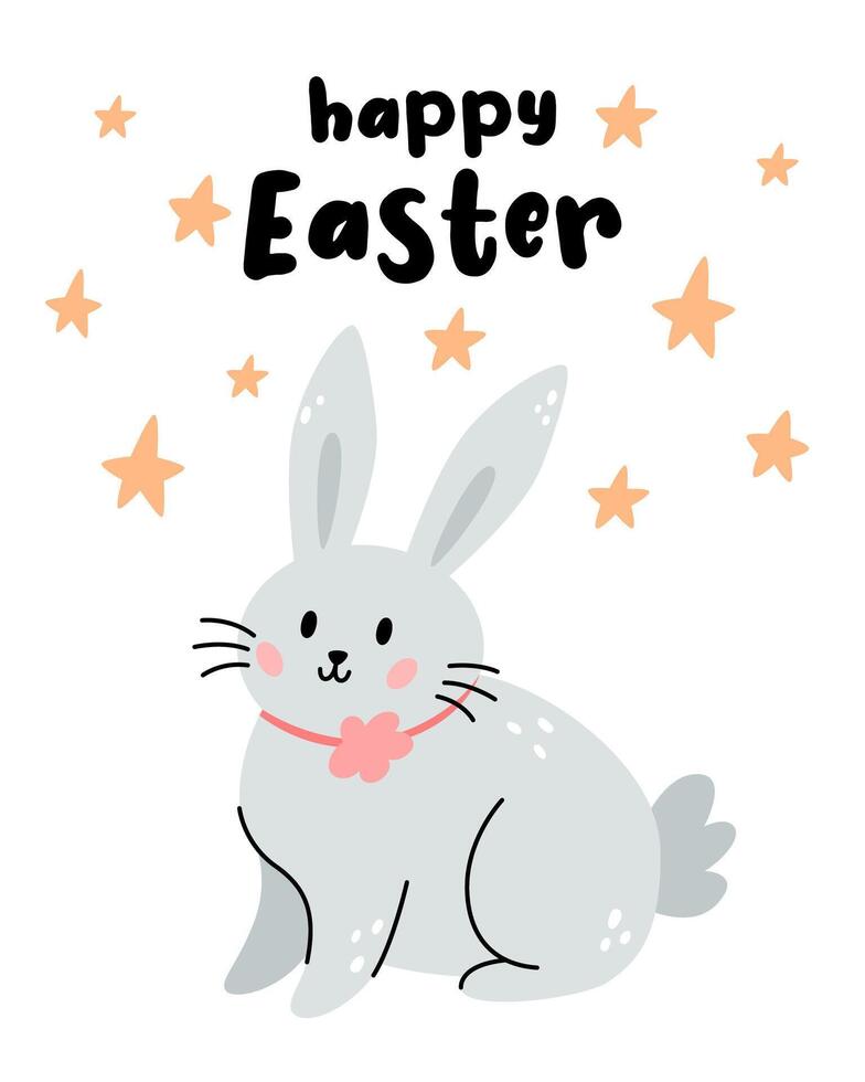 Greeting card with cute bunny. Easter illustration with festive animals in boho style. Happy Easter. Vector cartoon illustration for print.