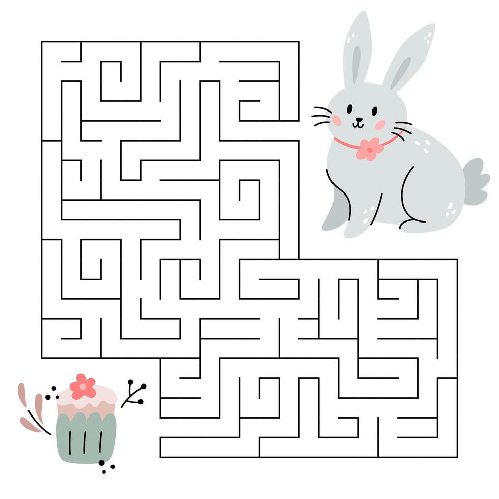 Spring maze game for kids. Cute bunny looking for a way to the easter cake. Happy Easter. Printable worksheet. Vector cartoon illustration for Orthodox easter.